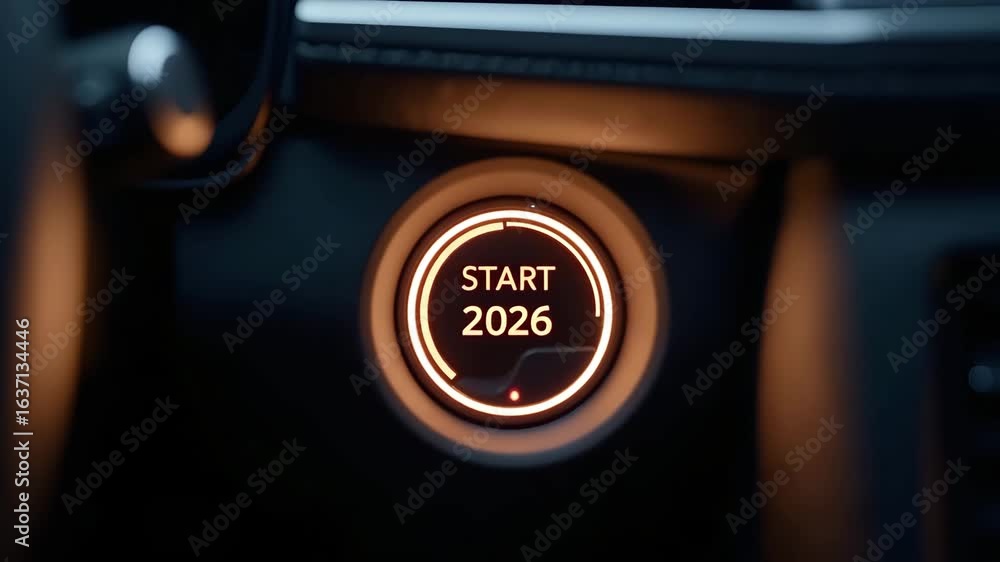 Poster close up of modern car ignition button displaying 'start 2026' - futuristic automotive theme concept