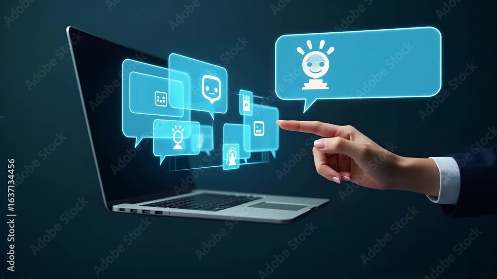 Poster flat hand interacting with holographic chatbot ai interface on laptop - smart assistant icons & ai c