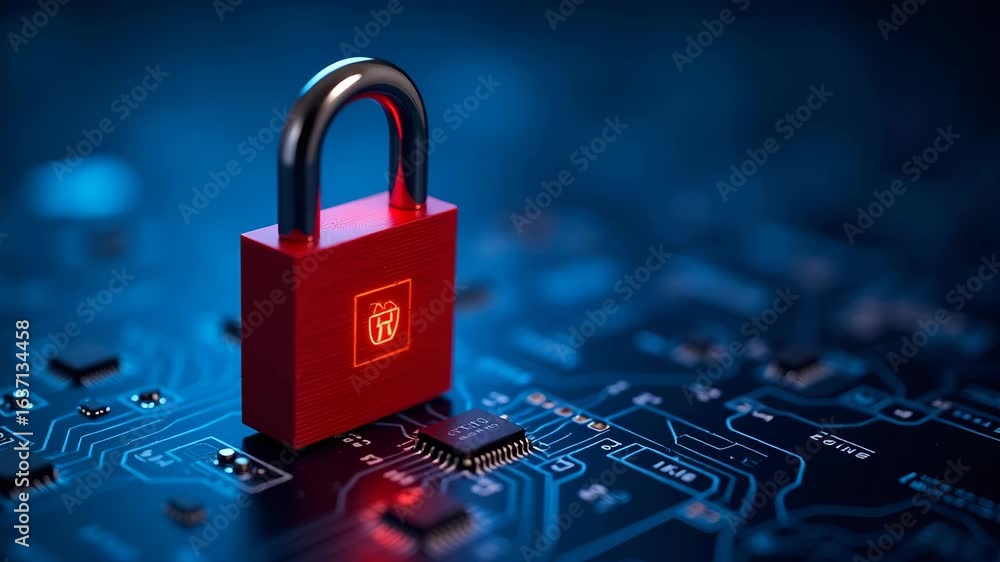 Poster flat red digital padlock on blue circuit background: a cute vector illustration symbolizing cybersec