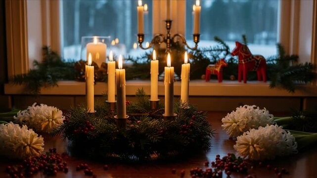 Cozy Scandinavian Christmas scene with a lit Advent wreath, hyacinths, and Dala horses by a snowy window.