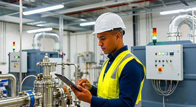 Focused engineer in safety vest and hard hat uses tablet in modern industrial facility