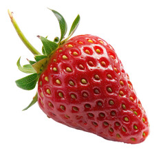 Close-up of a single, fresh strawberry.  Bright red, glossy skin, with small, noticeable seeds.  Green leaves and stems attached.  Isolated against black background