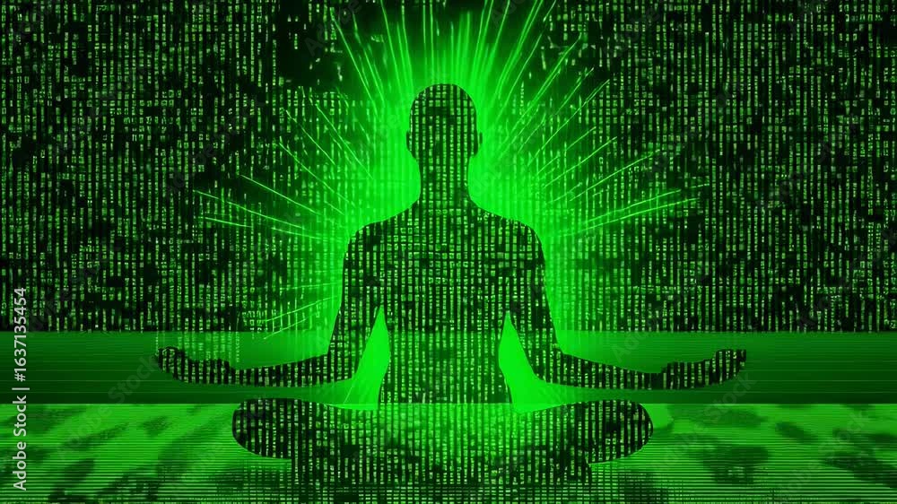 Poster silhouette of human figure in lotus meditation pose overlaid with green matrix-style binary code, re