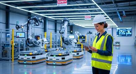 Confident engineer monitors robotic automation with tablet in modern factory floor