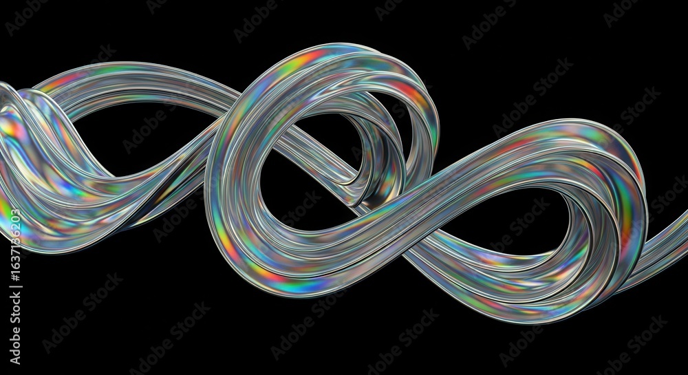 Poster iridescent ribbon abstract shape on black background with metallic finish