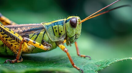 Fototapeta premium Close-up of a vibrant grasshopper resting on a leaf. Its body displays a striking mix of yellow, green, and black patterns. 