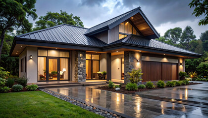 Fototapeta premium Modern house with sleek design featuring combination of stone and wood elements. property is surrounded by lush greenery and has well maintained lawn. atmosphere is serene, with cloudy sky adding