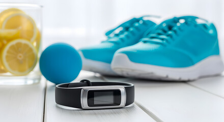 Turquoise Athletic Shoes with Fitness Tracker Lemon Water and Blue Ball on White Wooden Surface for Sport and Active