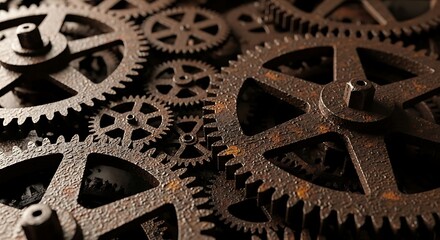 Rusty Vintage Gears Interlocking in a Complex Mechanical System with a Dark and Gritty Texture Background