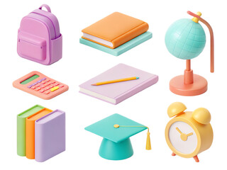 Colorful school supplies including backpack books globe and calculator aligned on a black background