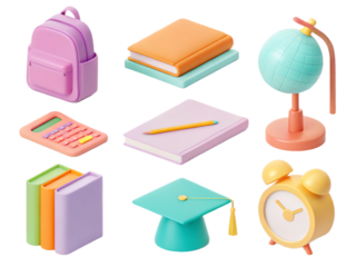 Colorful school supplies including backpack books globe and calculator aligned on a black background