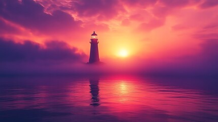 Fototapeta premium Lighthouse at Sunset Over Ocean, Dramatic Sky