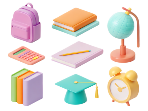 Colorful school supplies including backpack books globe and calculator aligned on a black background