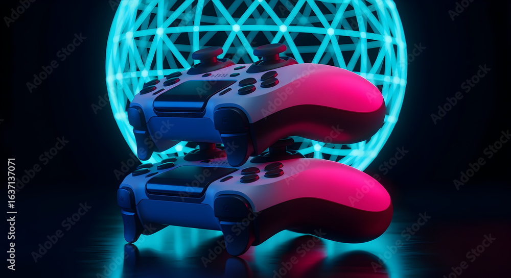 Poster two game controllers stacked with a blue pink gradient and a glowing spherical grid background
