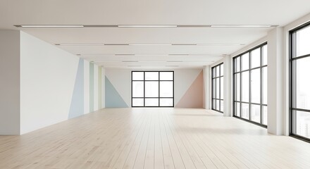 Obraz premium Bright spacious interior with geometric wall design and expansive windows showcasing natural light