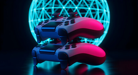 Two Game Controllers Stacked with a Blue Pink Gradient and a Glowing Spherical Grid Background
