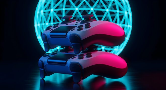 Two Game Controllers Stacked with a Blue Pink Gradient and a Glowing Spherical Grid Background - Powered by Adobe