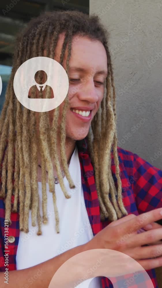 Poster animation of profile icons in circles over smiling woman scrolling on smartphones