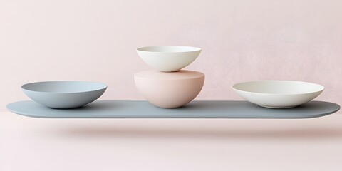Pastel Bowls and Pink Form on Grey Shelf Minimalist Product Still Life Photography