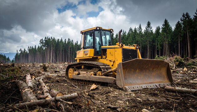 Yellow bulldozer is positioned in deforested area, surrounded by tree stumps and logs, under cloudy sky. scene conveys sense of industrial activity and environmental change