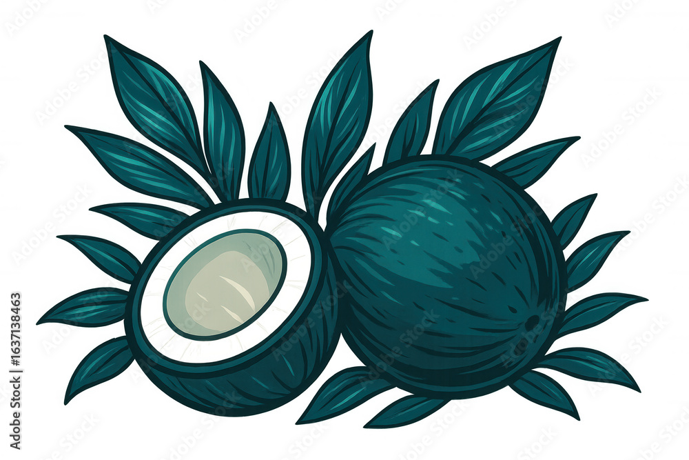 Poster graphic rendering showing whole, halved coconut with palm fronds, transparent backdrop highlighting 