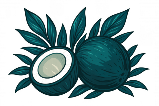 Graphic rendering showing whole, halved coconut with palm fronds, transparent backdrop highlighting tropical fruit's natural beauty and nutritional essence