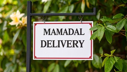 Mamadal Delivery Sign with Red Border, Hanging in Lush Greenery, Outdoor Setting.