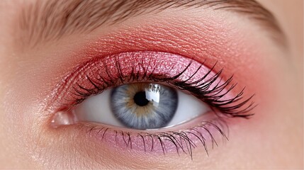 Closeup of a Woman's Eye with Pink and Red Glitter Eyeshadow