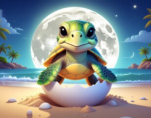 Naklejka premium Cute Sea Turtle Hatching on Beach with Moonlit Night Illustration