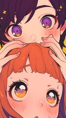 Cute young anime couple, big eyes, blushing cheeks
