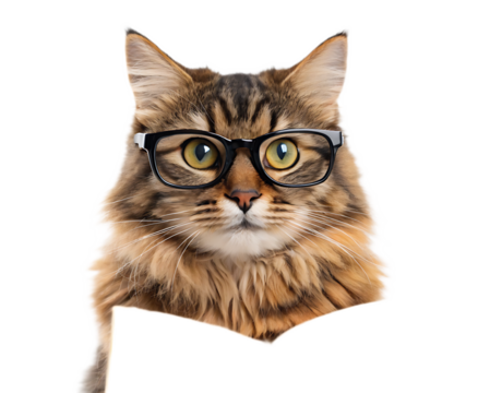 Portrait of a fluffy brown tabby cat wearing black framed glasses on a transparent background