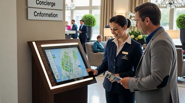 Hotel Concierge Assists Guest with Interactive Digital Map Kiosk in Modern Lobby
