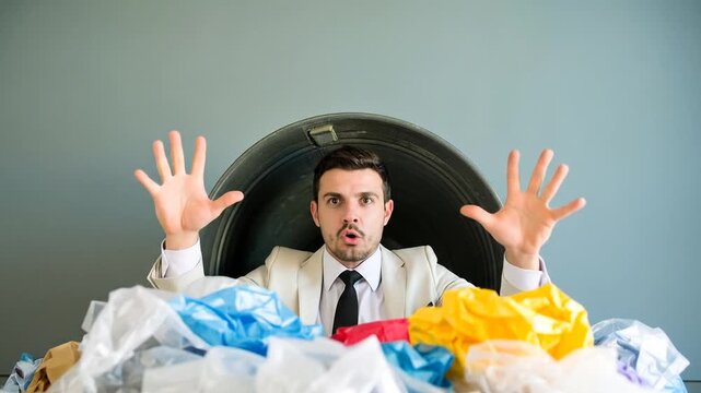 Overwhelmed in the Clutter: A business individual is comically buried in a sea of plastic bags, in a witty visual commentary of the overwhelming plastic pollution crisis.