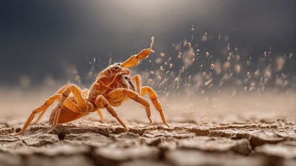 Fototapeta premium Close-up of a vibrant orange arachnid, likely a scorpion, on cracked earth. Dust particles are in motion around it