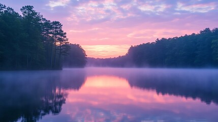 Fototapeta premium Misty Lake Reflection at Sunrise