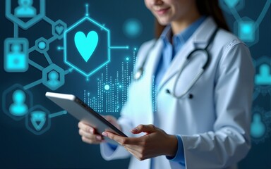 Digital healthcare concept with doctor updating electronic health records, showcasing health information EMR system, medical data, online documentation and patient files. High quality