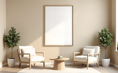 Beige living room interior with seats, round table and mockup frame. High quality