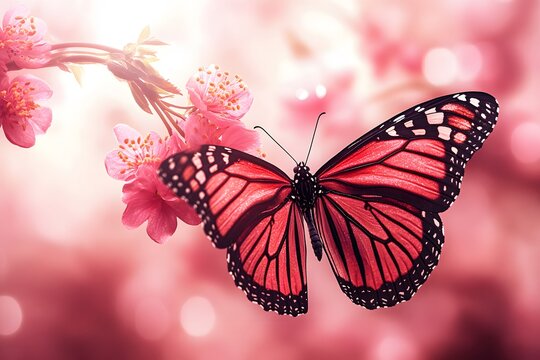 Pink Butterfly on Blossom Branch Spring Nature - Powered by Adobe