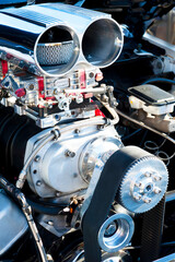 Hot-rod supercharger and engine bay detail