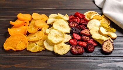 Colorful array of dried fruit slices on a wooden table