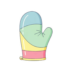Cartoon illustration of a colorful oven mitt with blue, green, yellow, and pink sections.