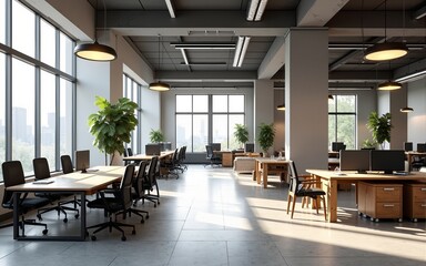 Modern open-plan office interior with large windows, ergonomic furniture, and stylish lighting fixtures in a loft-inspired workspace. 3D Rendering. High quality