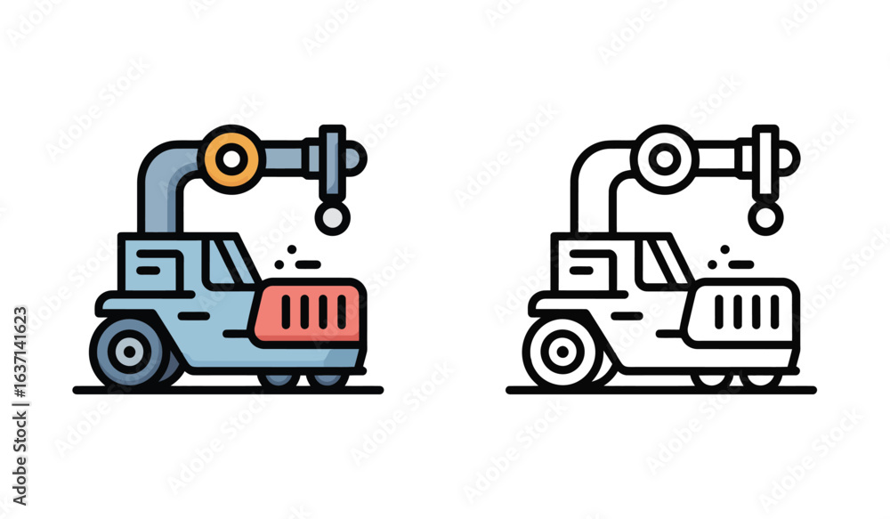 Poster automated robotic arm vehicle depiction two styles clean simple iconography for technology and indus