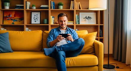 Smiling man relaxing on a yellow couch, engrossed in his smartphone, modern home library setting