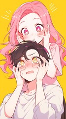 Cute young anime couple, big eyes, blushing cheeks