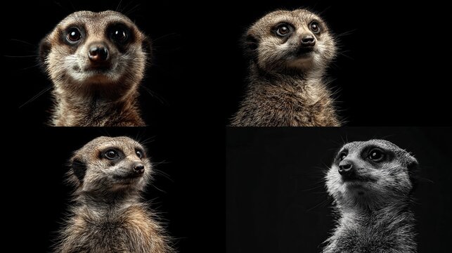 Four portraits of a meerkat; headshots, front-facing and profile, color and grayscale, against a black backdrop