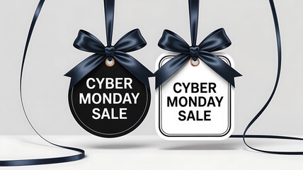  Elegant Cyber Monday Sale Tags with Black and White Gift Ribbons