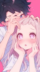Cute young anime couple, big eyes, blushing cheeks