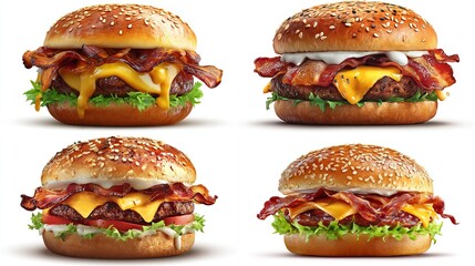 Four gourmet bacon cheeseburgers with sesame seed buns, lettuce, tomato, cheese, and varying sauces; presented against a white background