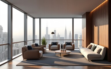 Fototapeta premium Modern lounge interior design with armchairs and coffee tables in a high-rise building with panoramic city view and large windows. 3D Rendering. High quality